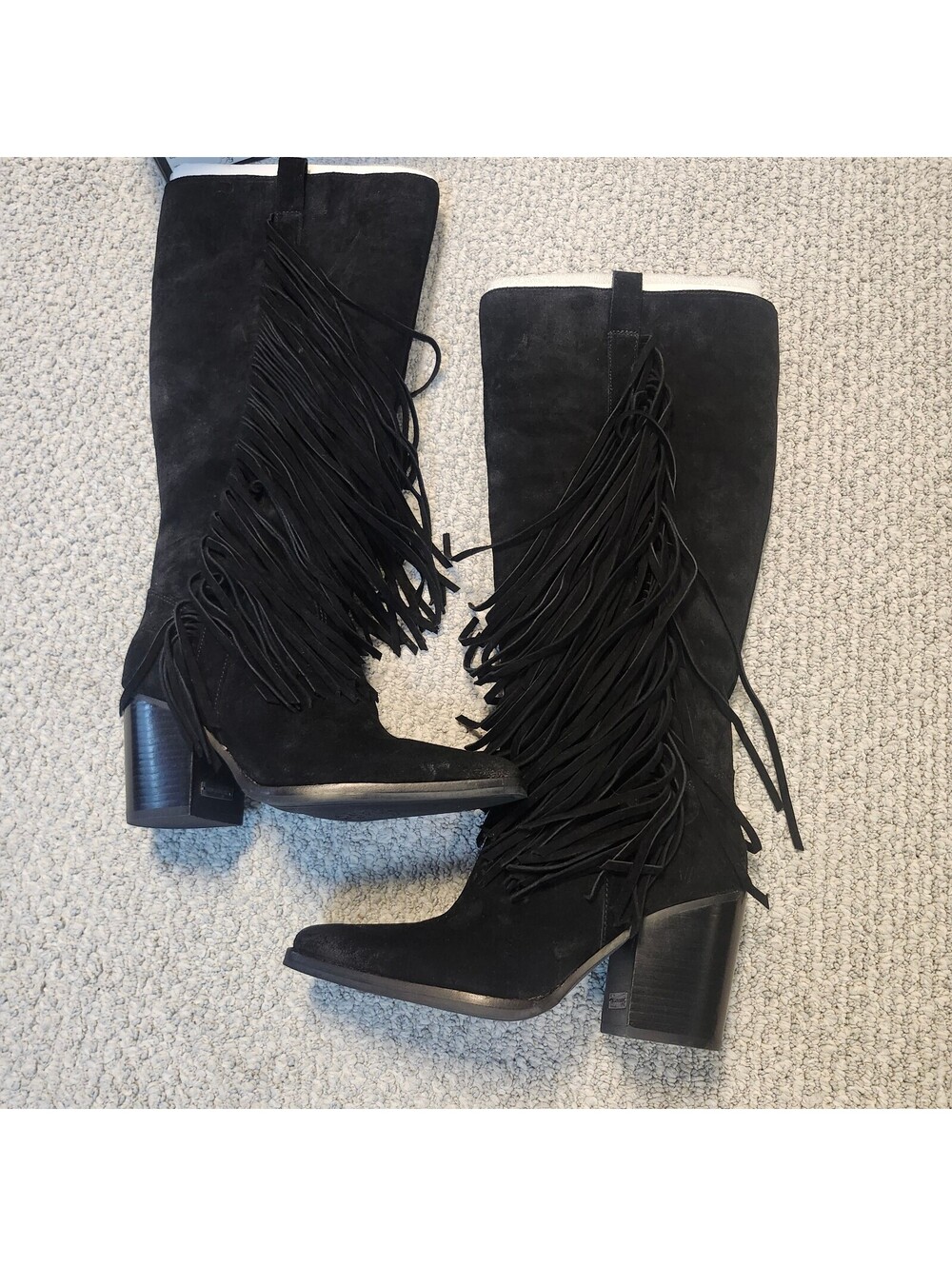 Vince Camuto Pelia4 Black Leather Upper Fringe Knee-High Boots Size 7W New